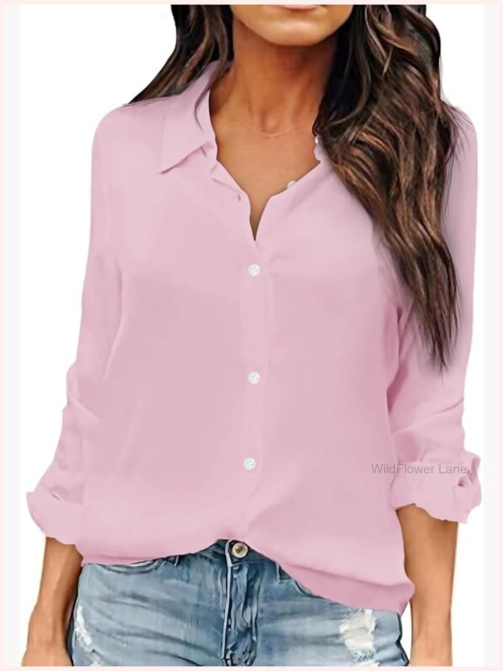 Women's Long Sleeve Button Down Shirt V-Neck Chiffon Office Blouse Tops